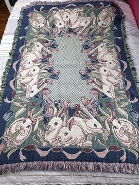 1992 MWW Bunny Rabbits Tulips Green Blue Floral Tapestry Cotton Throw Blanket